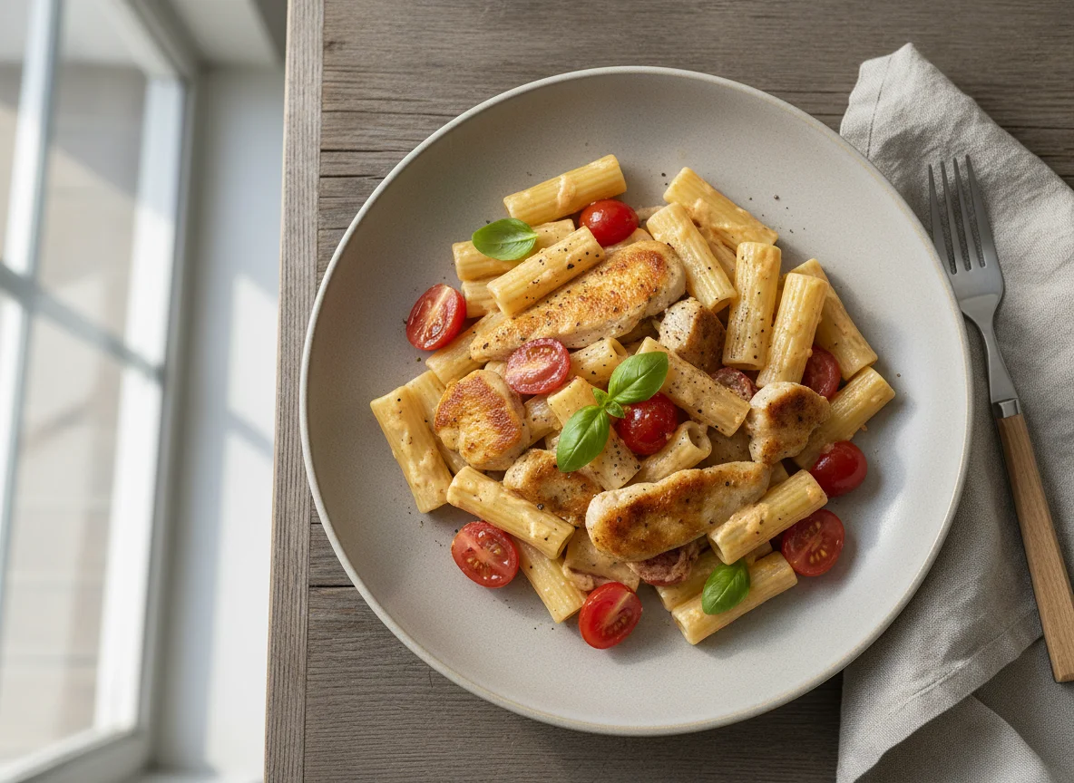 Nudelgericht mit Hähnchen und Tomaten photo