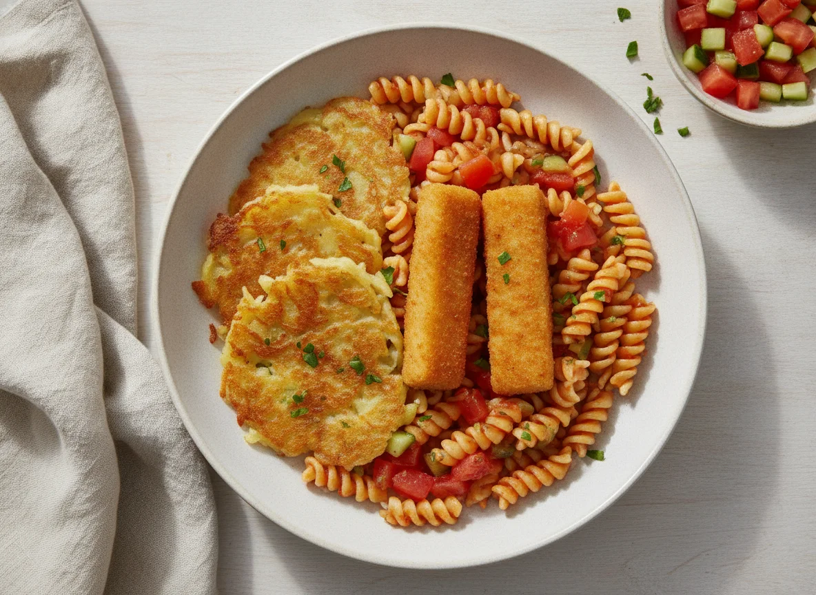 Nudelgericht mit Kartoffelrösti und Fischstäbchen photo