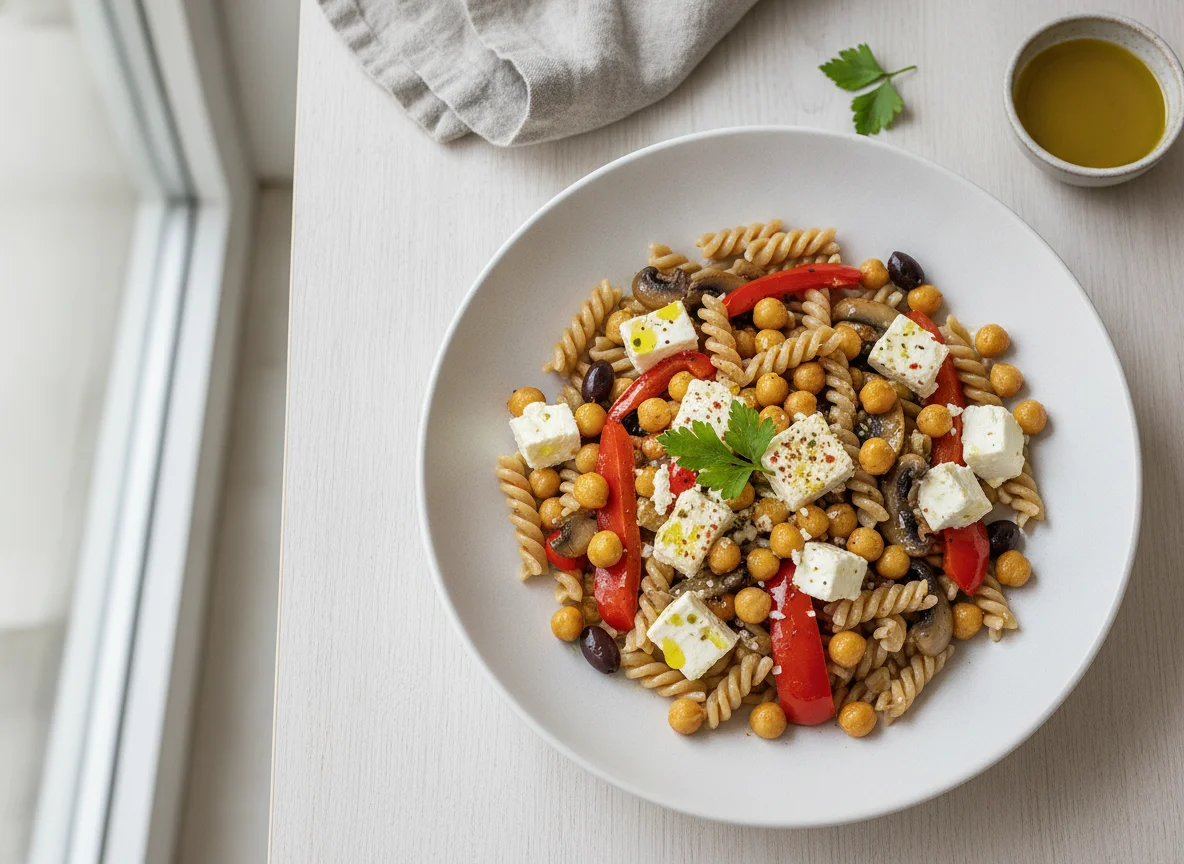 Nudelgericht mit Kichererbsen und Feta photo