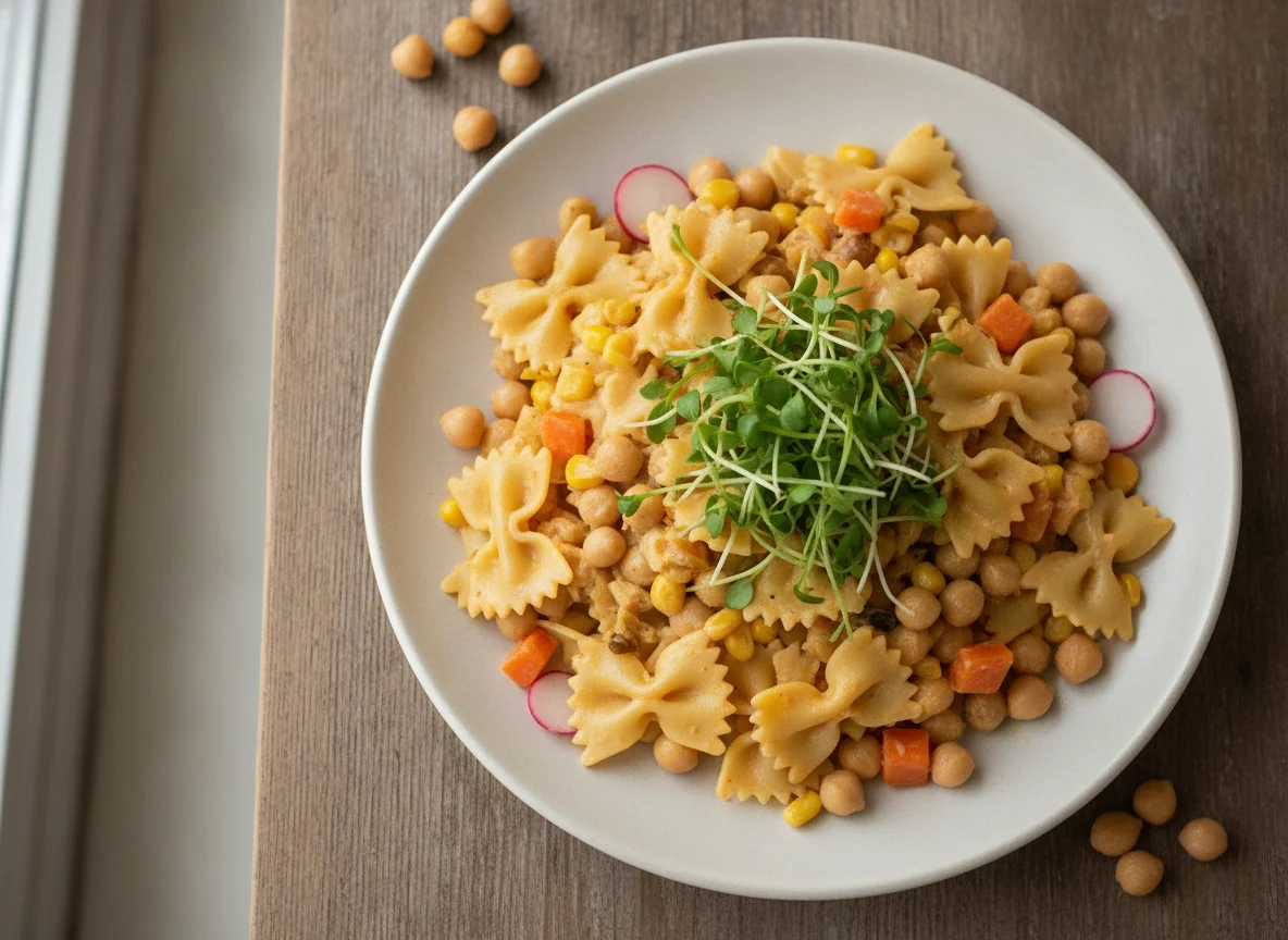 Nudelgericht mit Kichererbsen und Sprossen photo