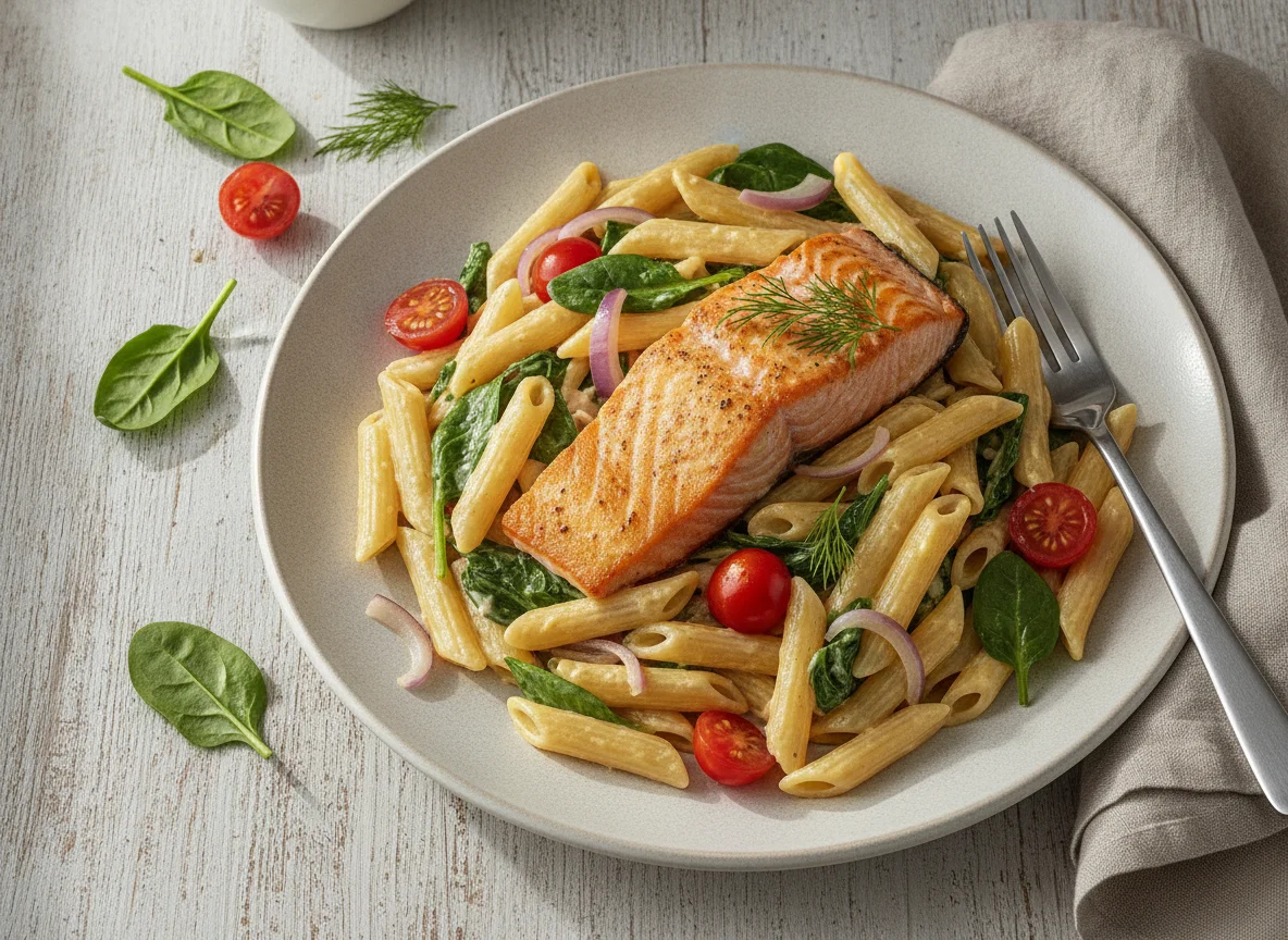 Nudelgericht mit Lachs und Gemüse photo