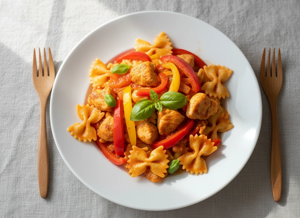 Nudelgericht mit Paprika und Hähnchen photo