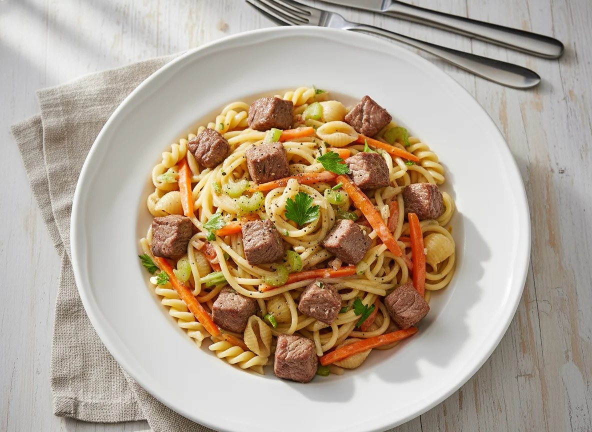 Nudelgericht mit Rinderfilet und Gemüse photo