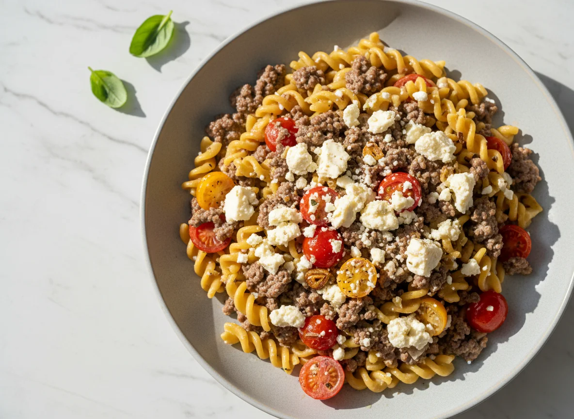 Nudelgericht mit Rinderhackfleisch und Feta photo