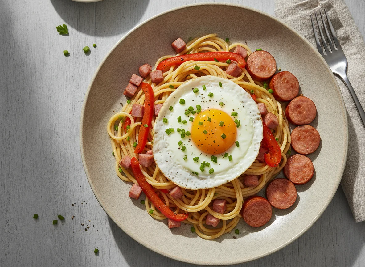 Nudelgericht mit Schinken, Paprika und Ei photo