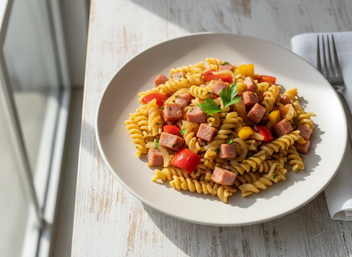 Nudelgericht mit Schinken und Gemüse photo