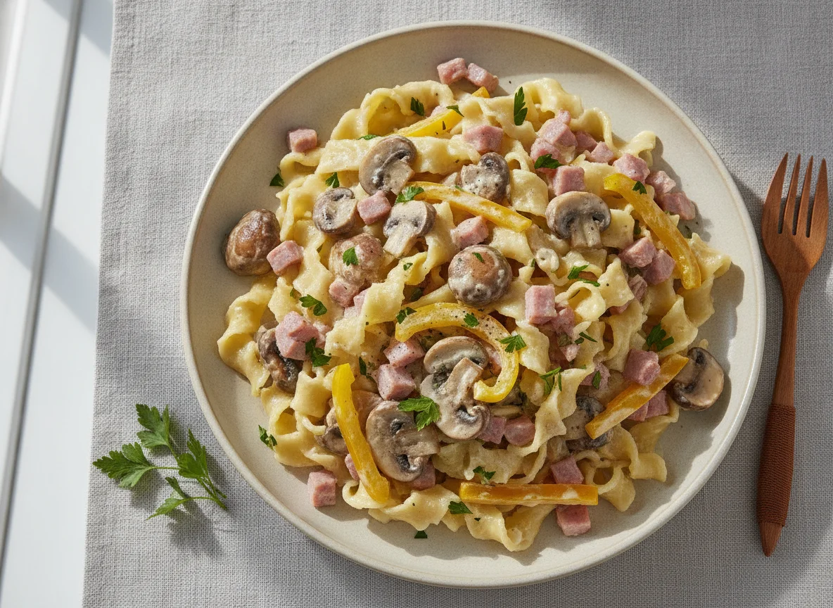 Nudelgericht mit Schinken und Pilzen photo