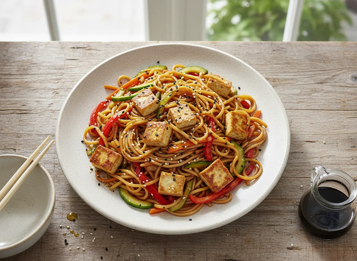 Nudelgericht mit Tofu und Gemüse photo