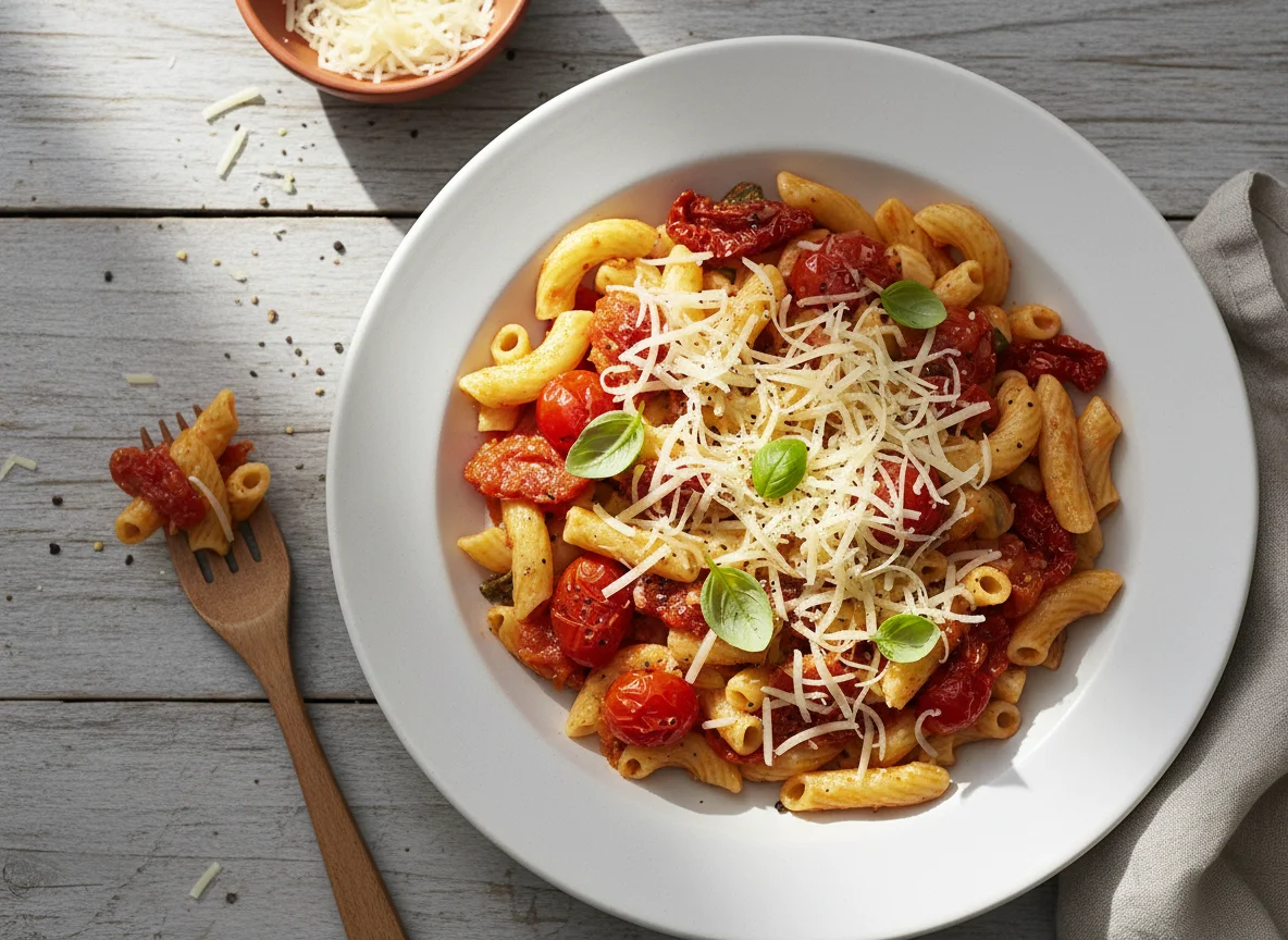Nudelgericht mit Tomaten und Käse photo