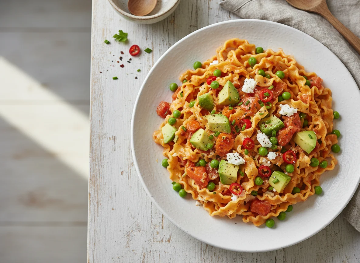 Nudelgericht mit Tomaten-Frischkäsesauce, Avocado und Gemüse photo