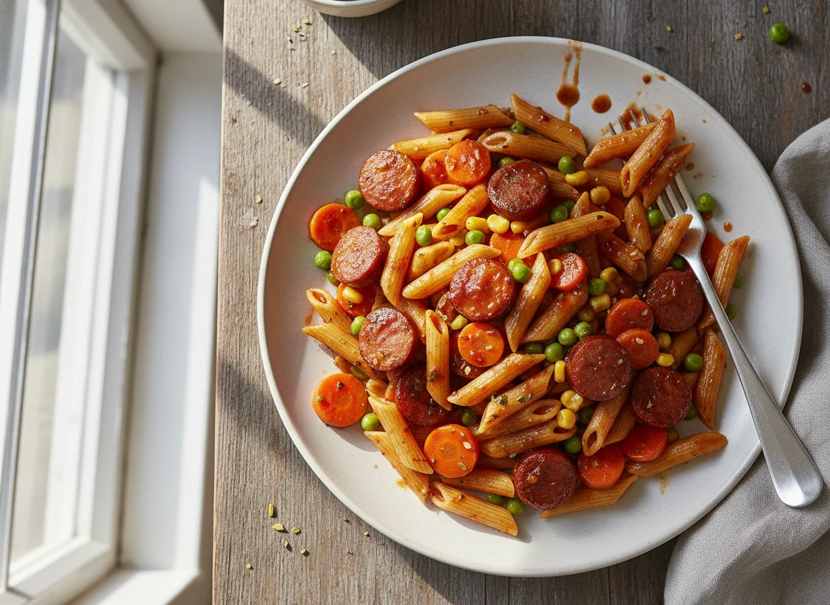 Nudelgericht mit Wurst und Gemüse photo