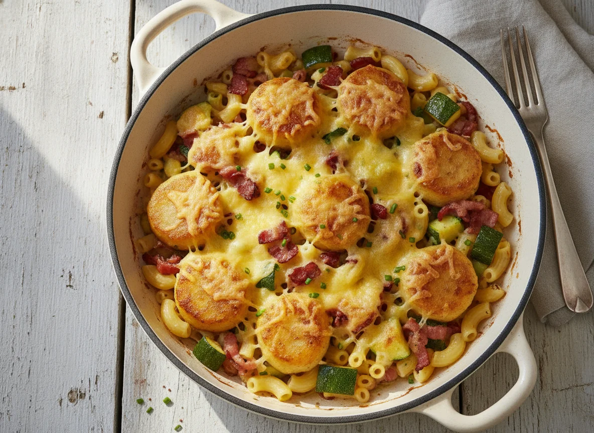 Nudel-Kartoffelknödel-Pfanne mit Zucchini und Speck photo