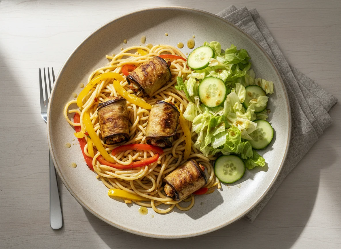 Nudeln mit Auberginenröllchen und Salat photo