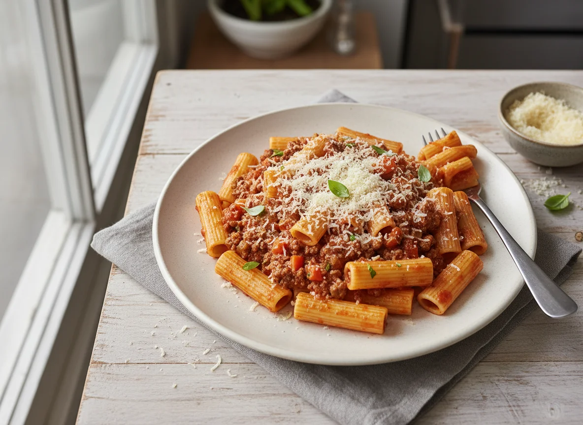 Nudeln mit Bolognese und Parmesan photo