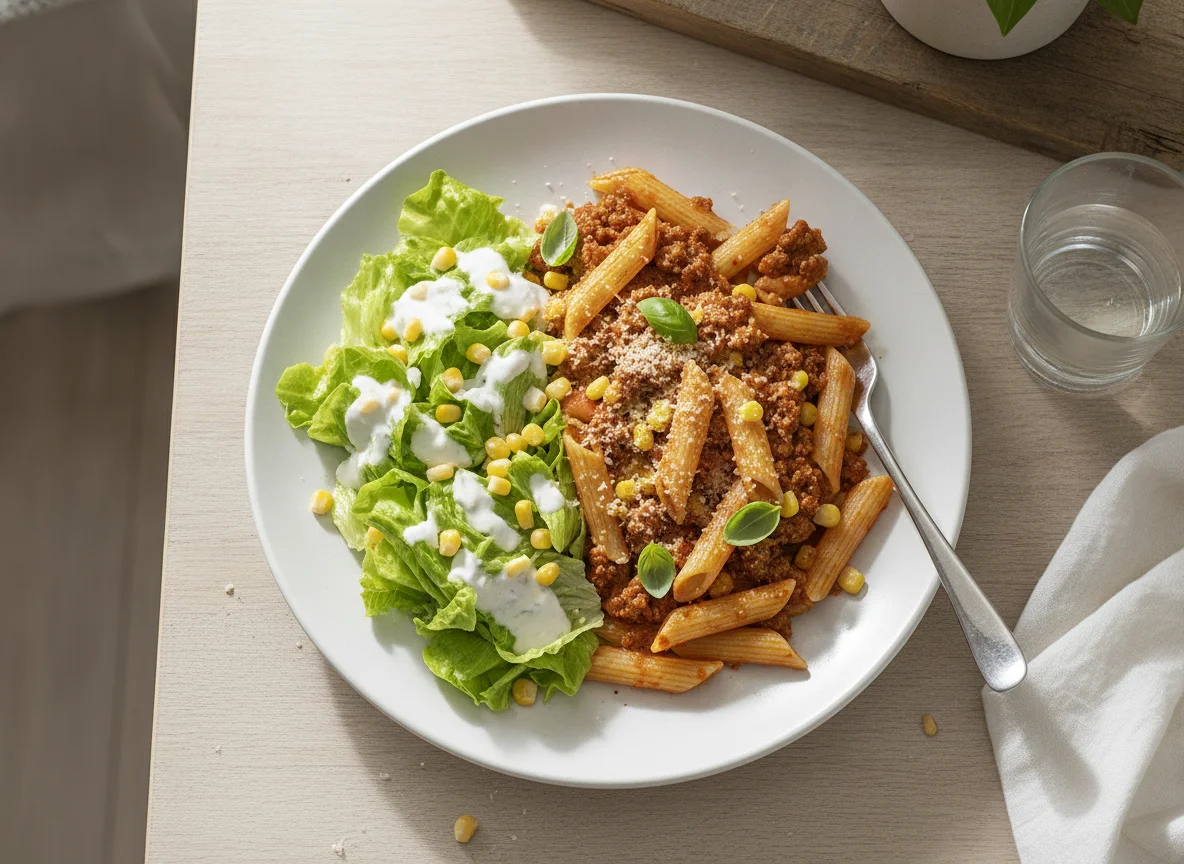 Nudeln mit Bolognese und Salat photo