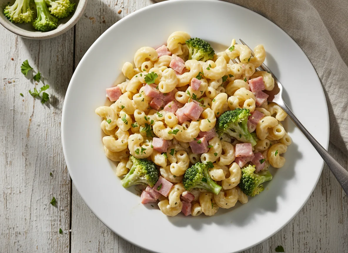 Nudeln mit Brokkoli, Schinken und Sahnesauce photo
