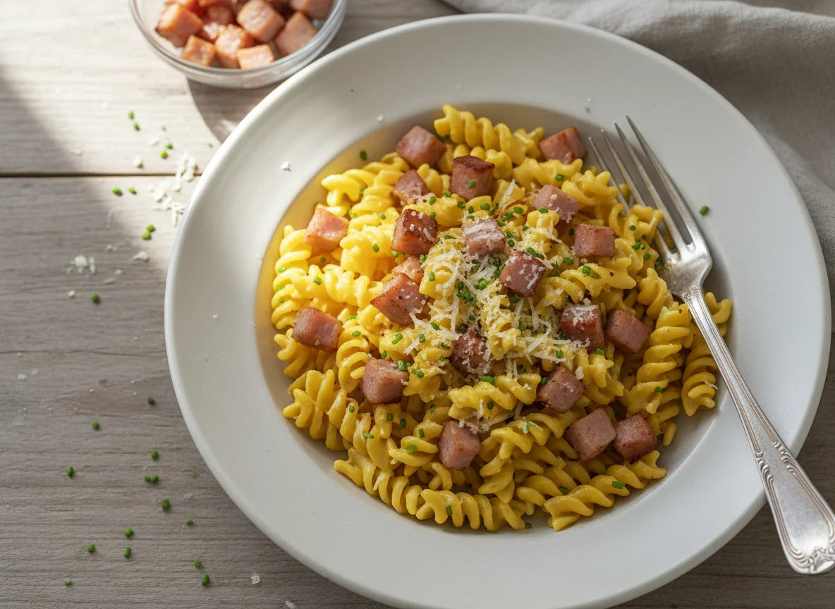 Nudeln mit Brunch-Soße und Schinkenwürfeln photo