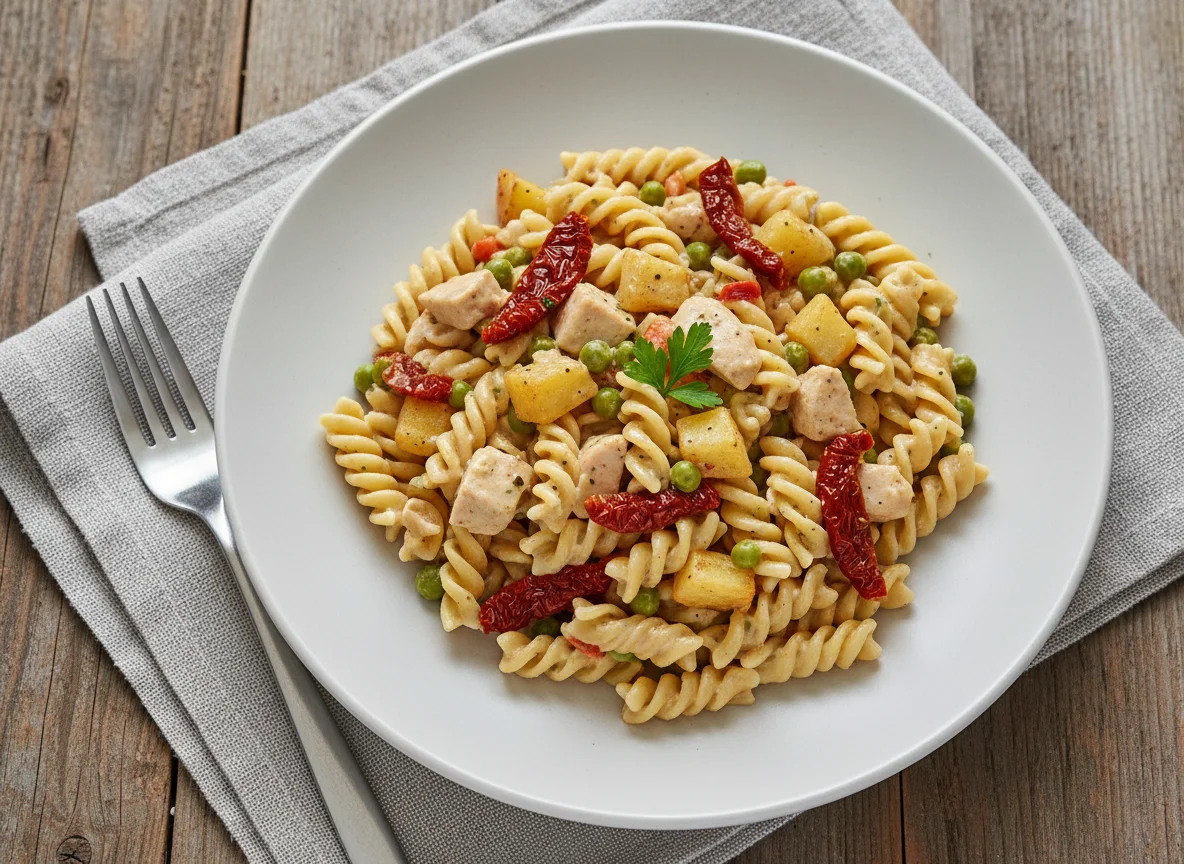 Nudeln mit cremiger Hähnchen-Gemüse-Soße photo