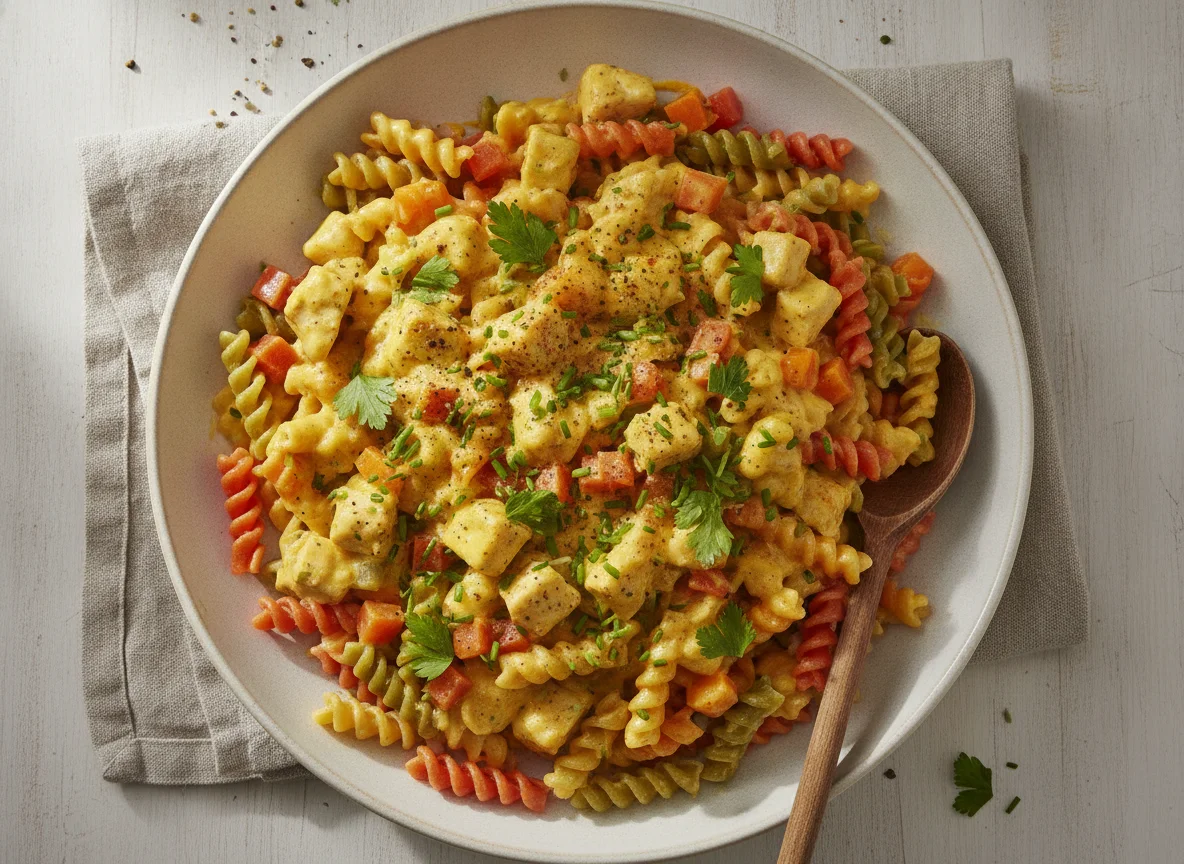 Nudeln mit cremiger Käsesauce und Gemüse photo
