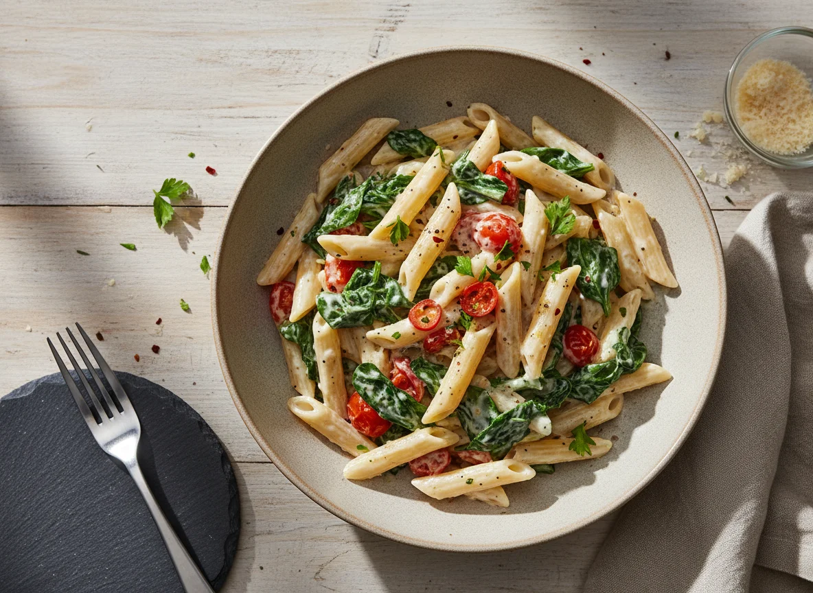 Nudeln mit cremiger Sauce und Gemüse photo