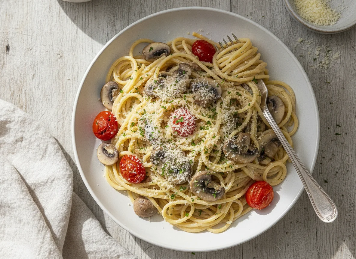 Nudeln mit cremiger Soße, Pilzen und Tomaten photo