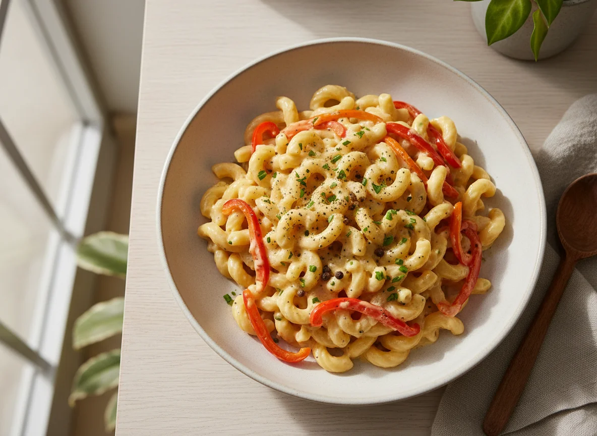 Nudeln mit cremiger Soße und Gemüse photo