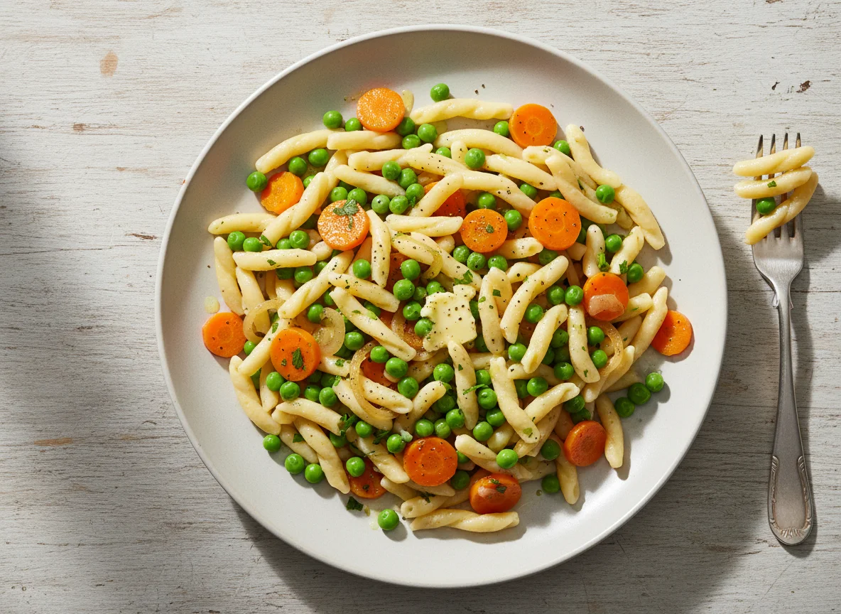 Nudeln mit Erbsen und Karotten photo