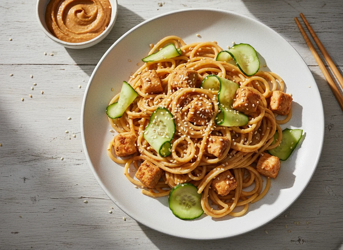 Nudeln mit Erdnusssauce, Hähnchen und Gurke photo