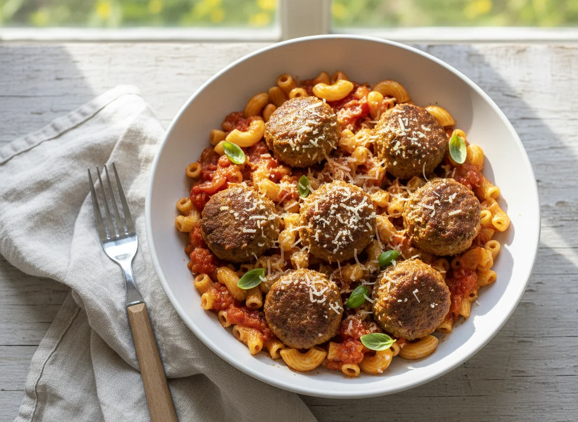 Nudeln mit Fleischbällchen und Tomatensauce photo