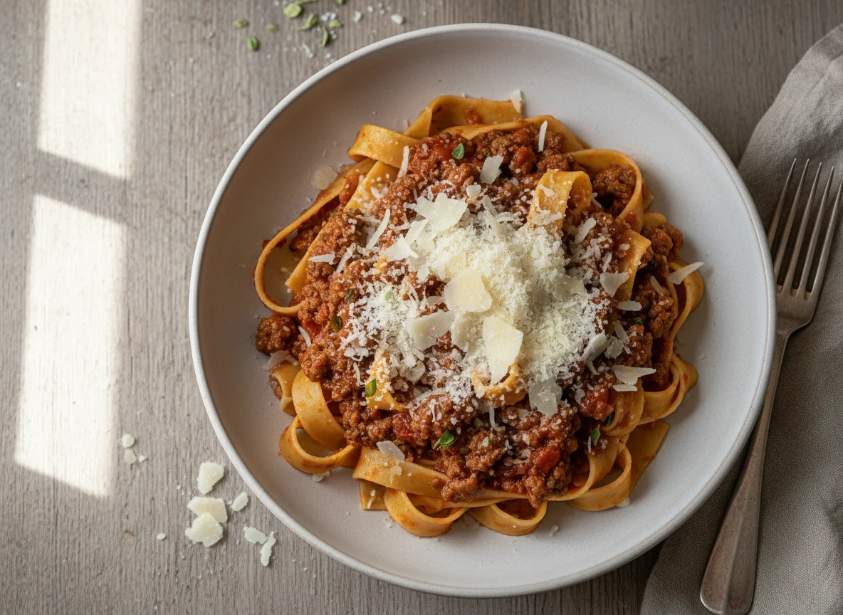 Nudeln mit Fleischsauce und Parmesan photo