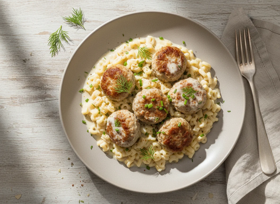 Nudeln mit Frikadellen in Rahmsauce photo