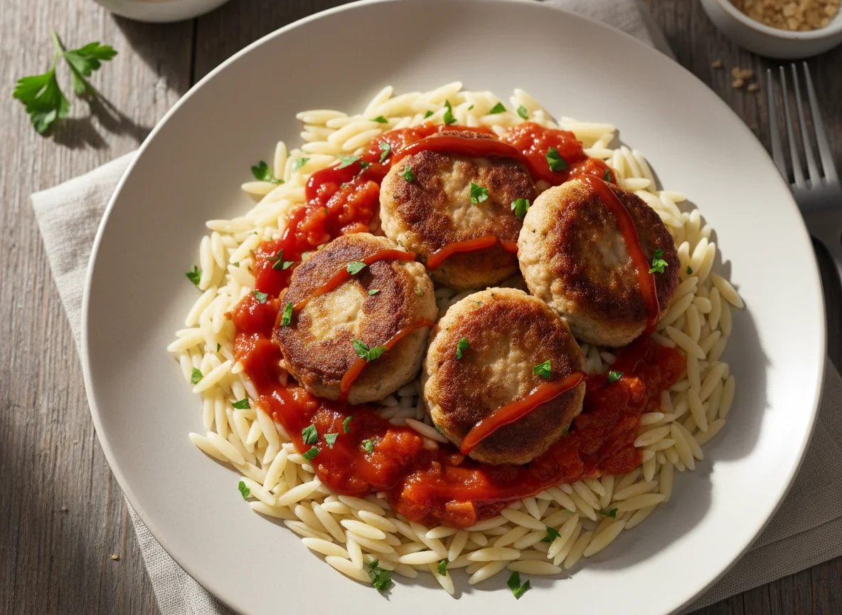 Nudeln mit Frikadellen und Sauce photo