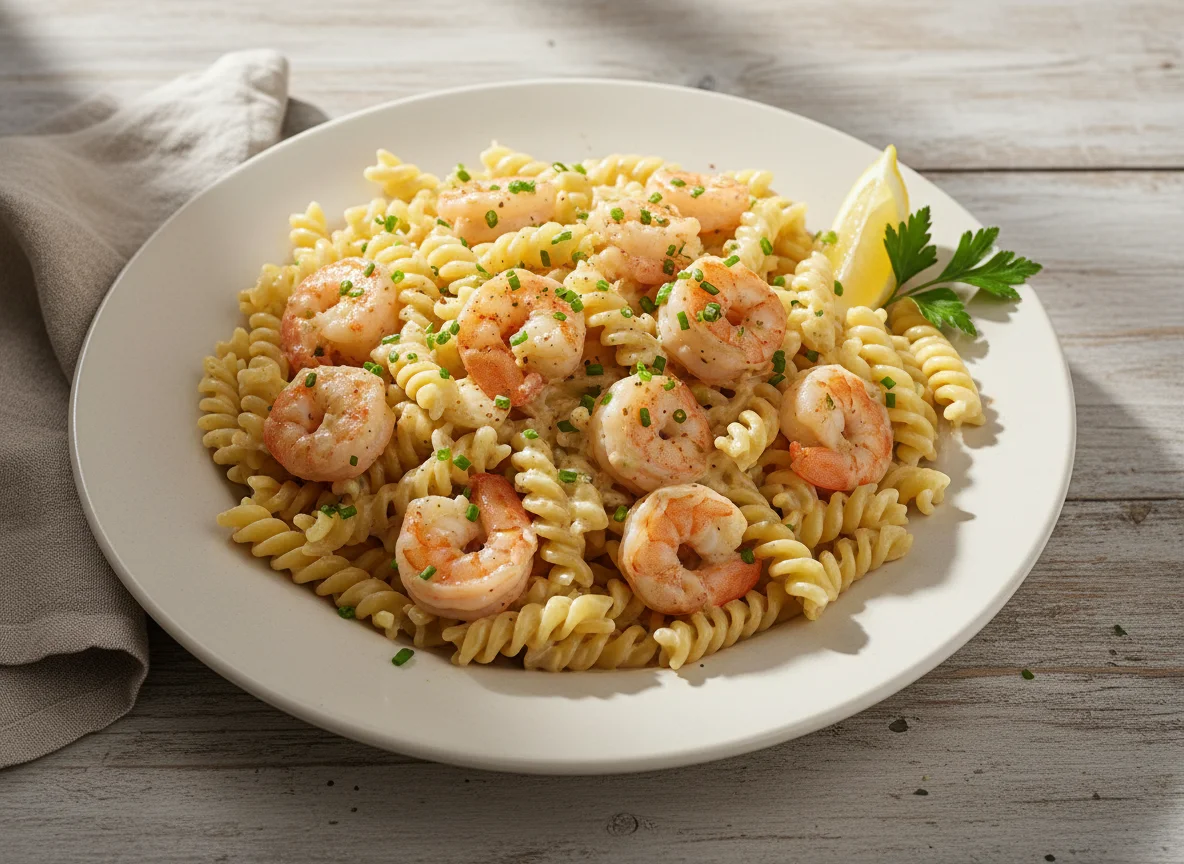 Nudeln mit Garnelen in Sahnesauce photo