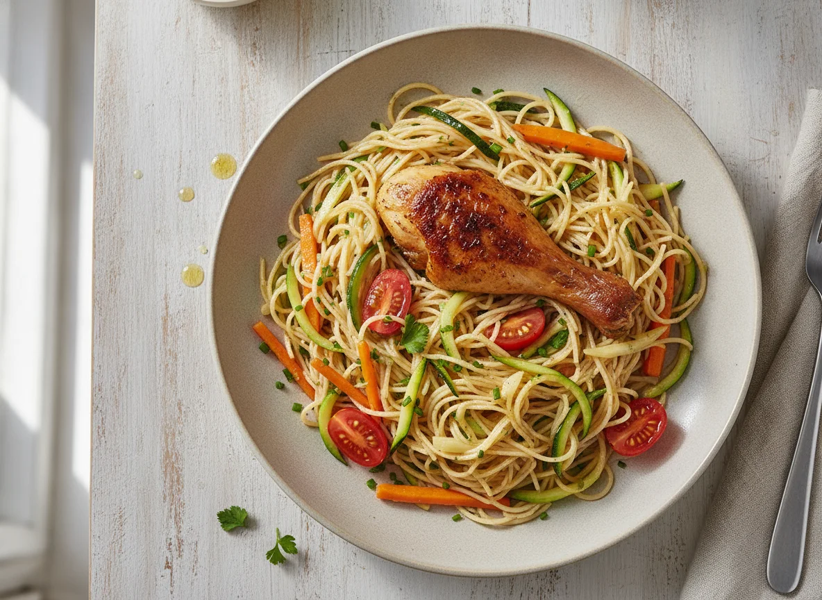 Nudeln mit Gemüse und Hähnchenkeule photo