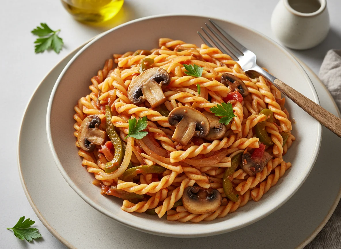 Nudeln mit Gemüse und Pilzen photo