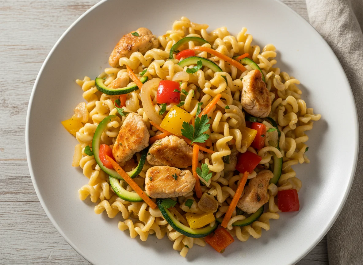 Nudeln mit Gemüse und Poulet photo