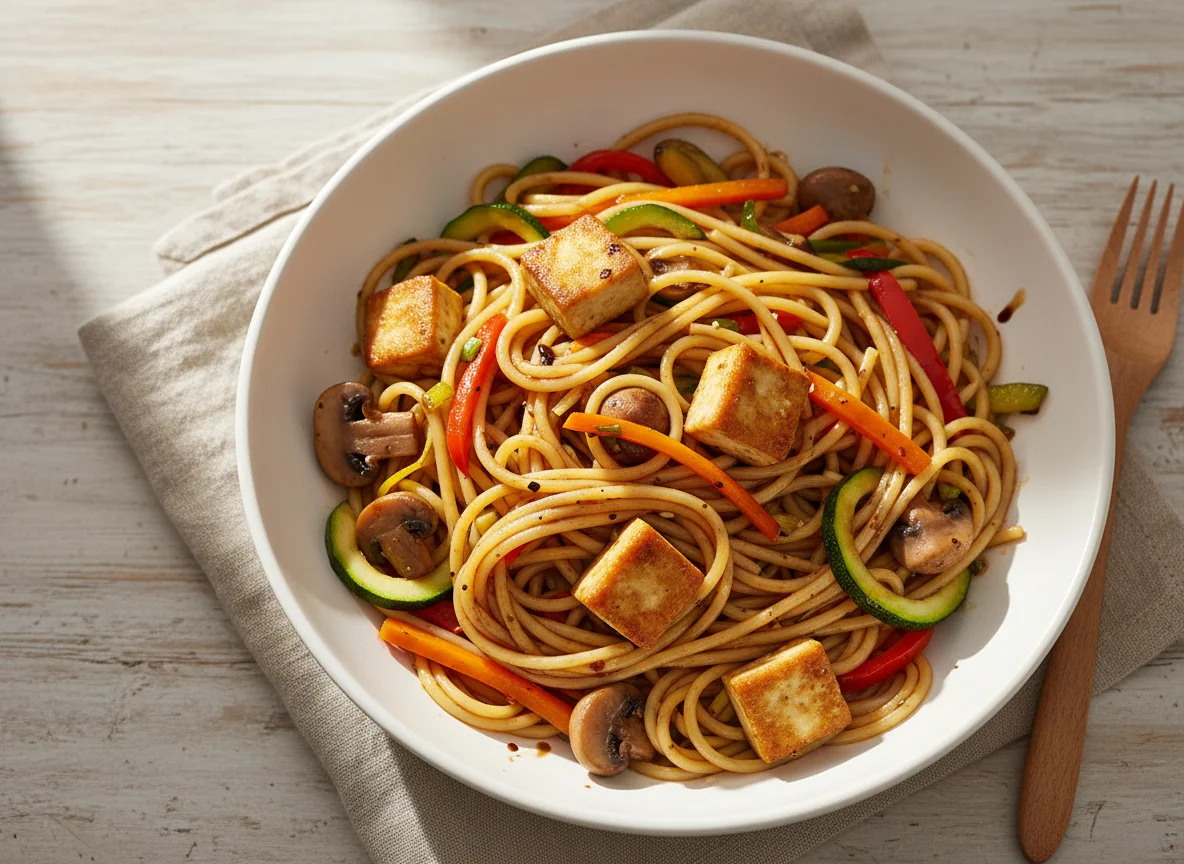 Nudeln mit Gemüse und Tofu photo
