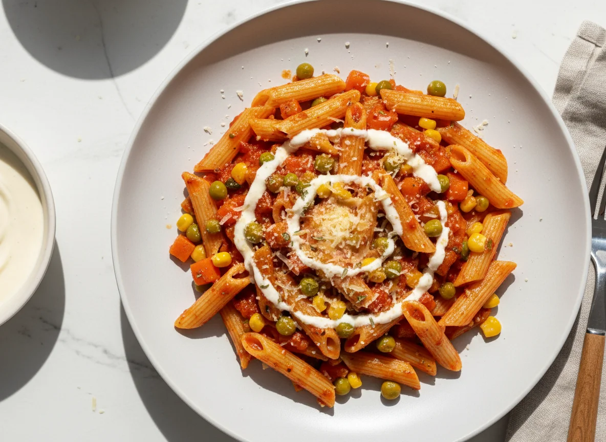 Nudeln mit Gemüse und Tomatensauce photo