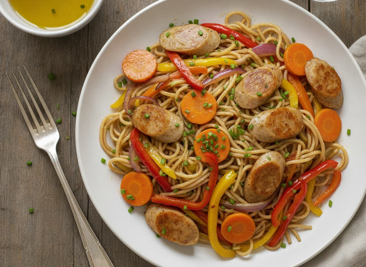 Nudeln mit Gemüse und Wurst photo