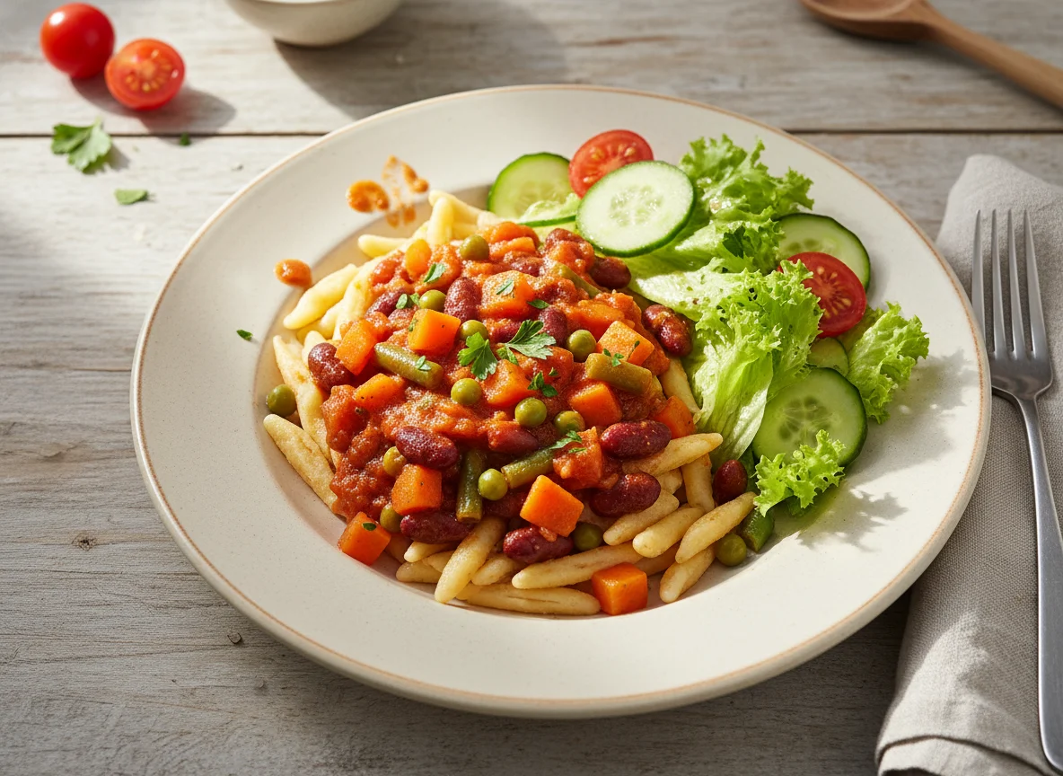 Nudeln mit Gemüse-Bohnen-Ragout und Salat photo