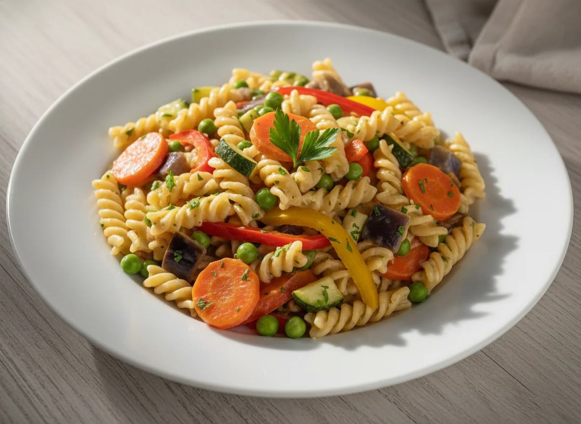 Nudeln mit Gemüse-Sahnesauce photo