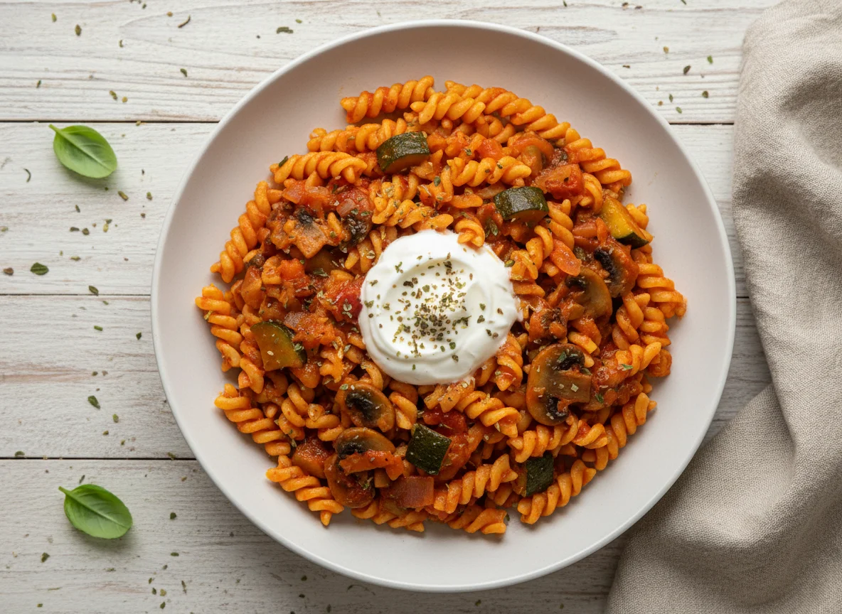 Nudeln mit Gemüsesauce und Joghurt photo