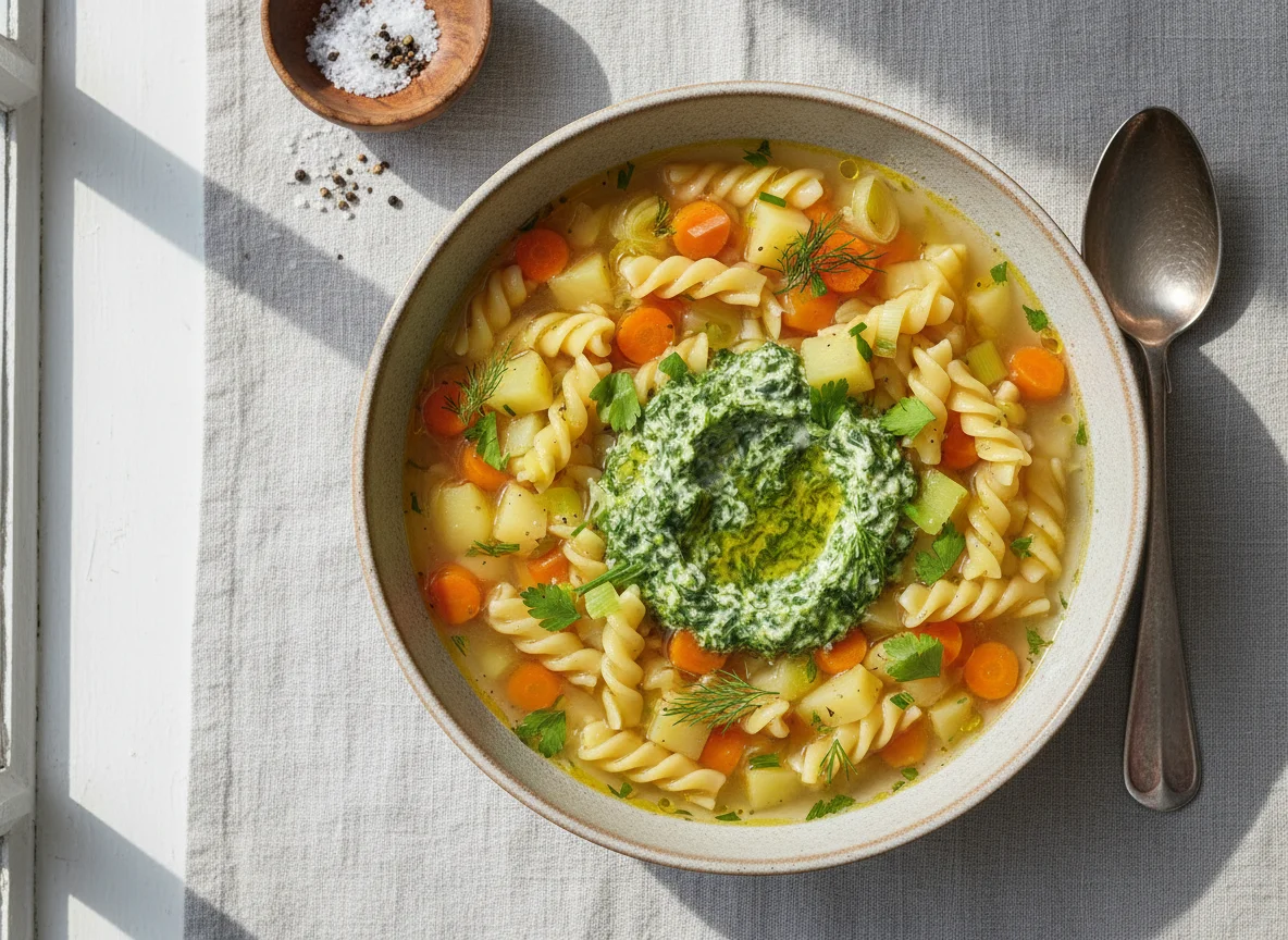 Nudeln mit Gemüsesuppe und Kräutersauce photo