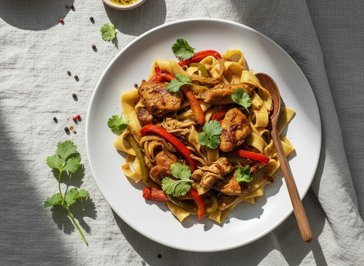 Nudeln mit geschmortem Fleisch und Gemüse photo