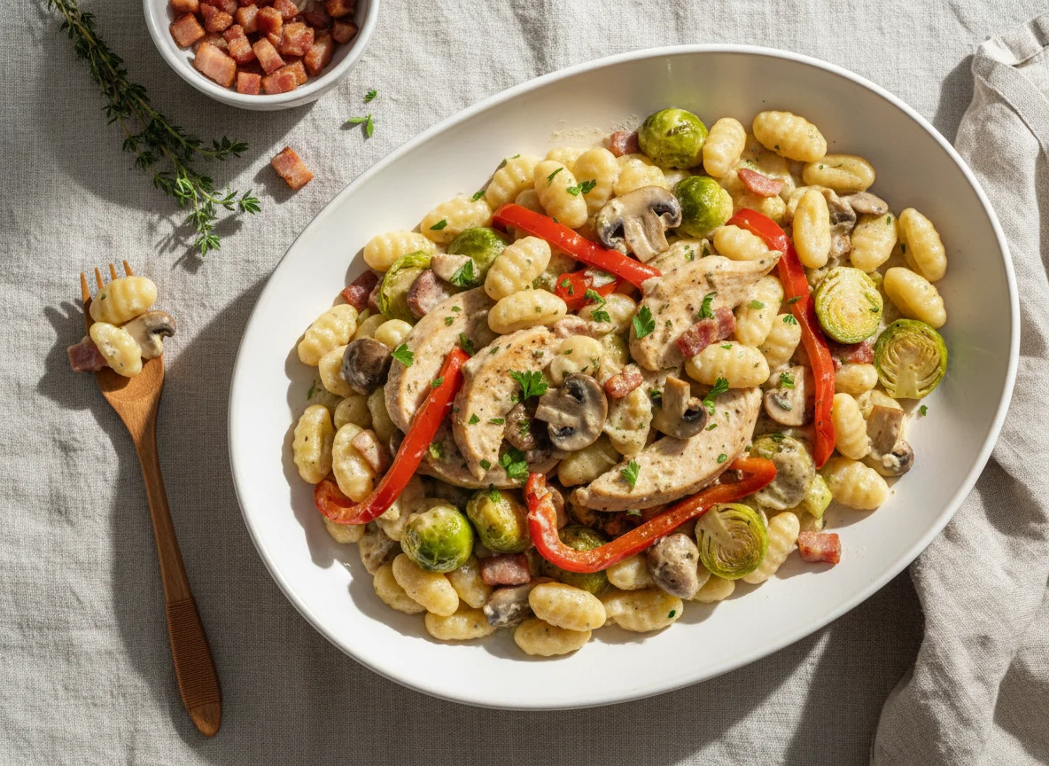 Nudeln mit Geschnetzeltem und Rosenkohl photo