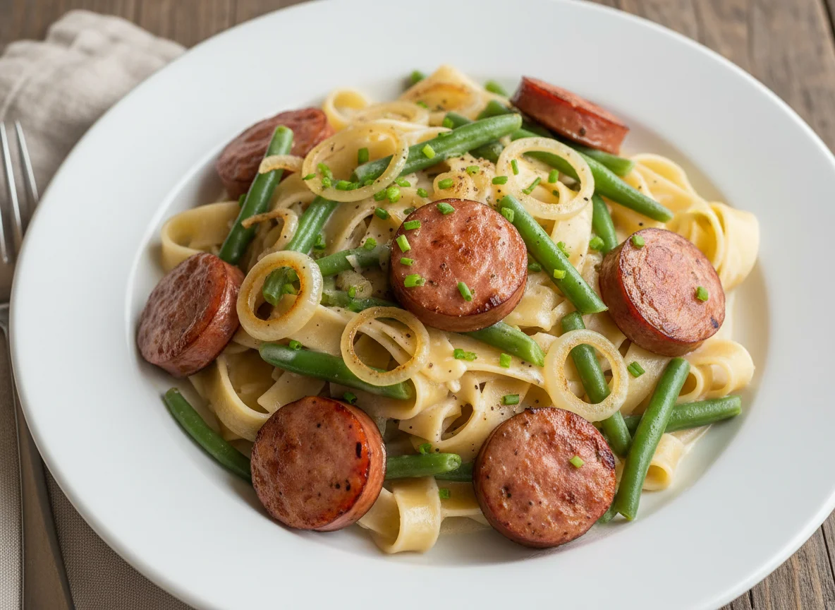 Nudeln mit grünen Bohnen und Wurst photo