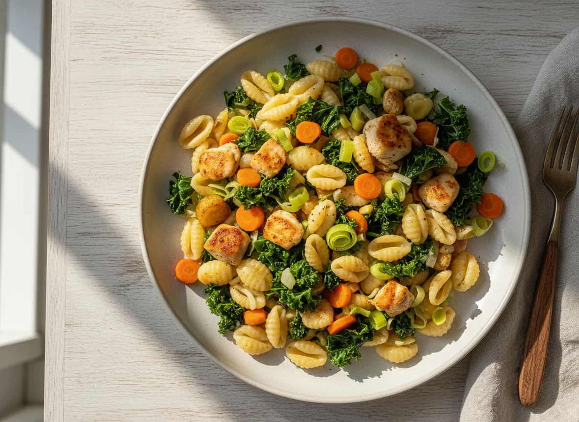 Nudeln mit Grünkohl, Hähnchen und Gemüse photo