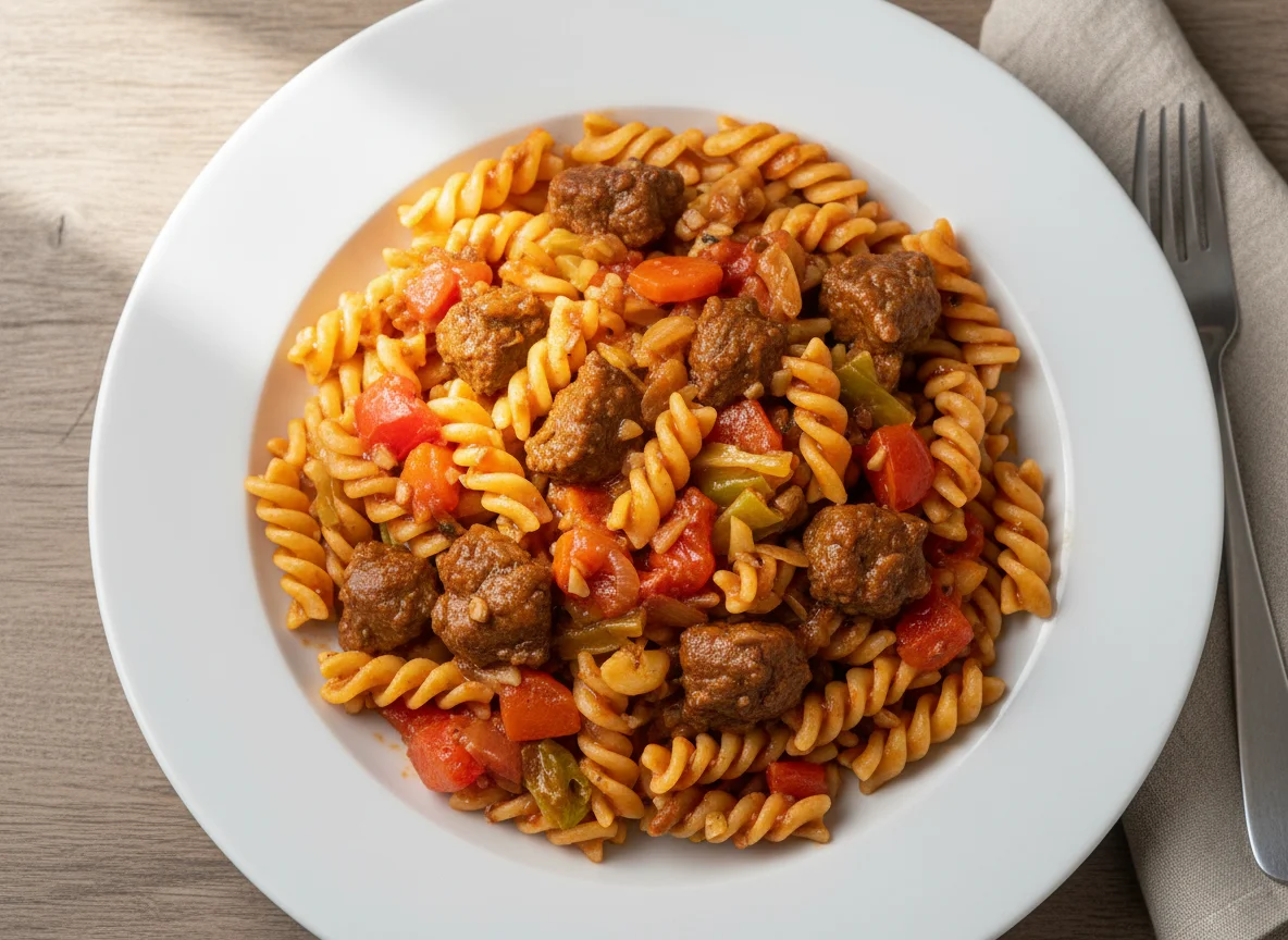 Nudeln mit Gulasch und Gemüsesauce photo