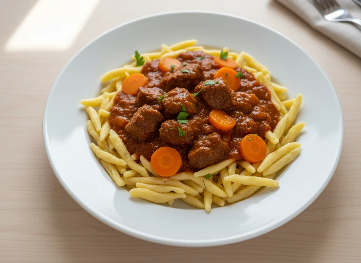 Nudeln mit Gulasch und Karotten photo