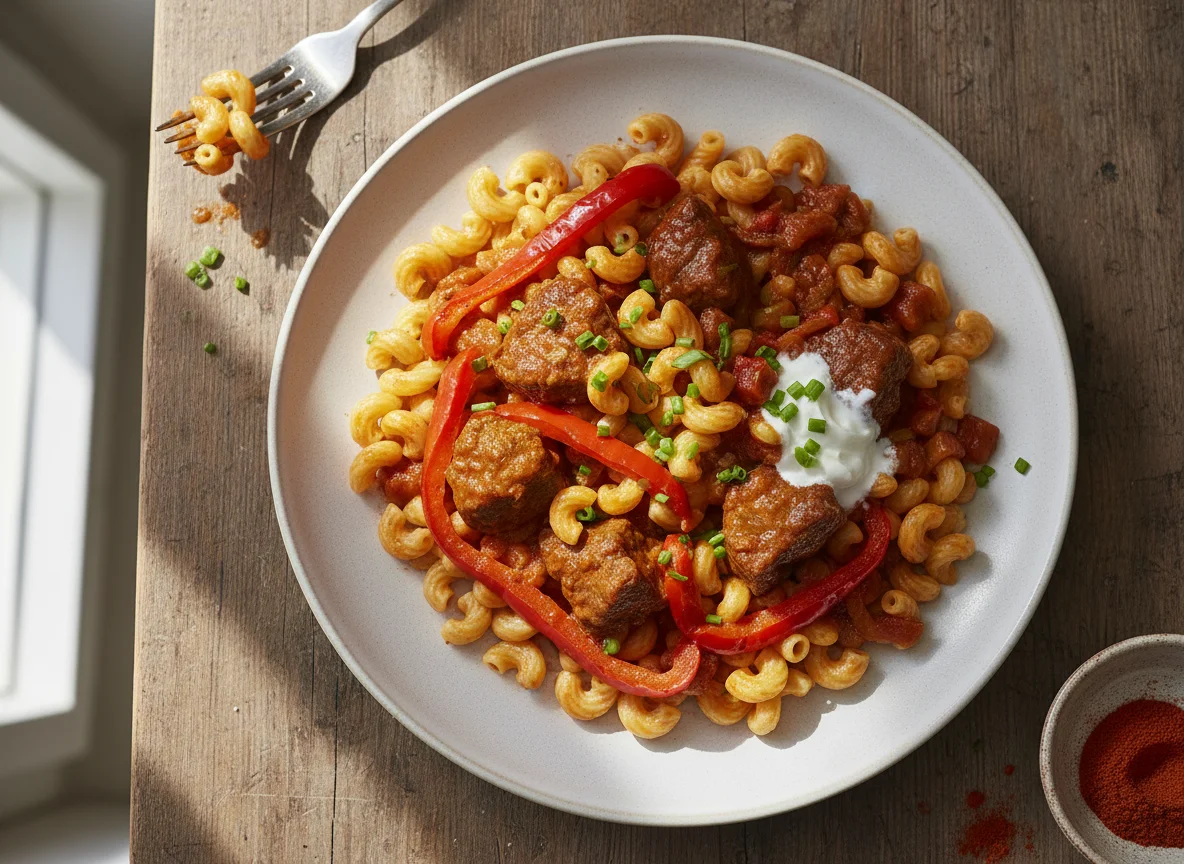 Nudeln mit Gulasch und Paprika photo